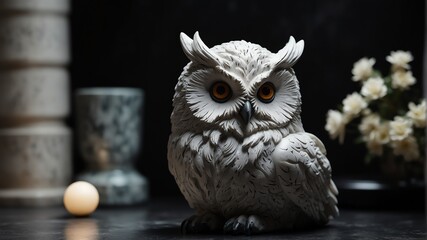 white marble owl statue on plain black background from Generative AI