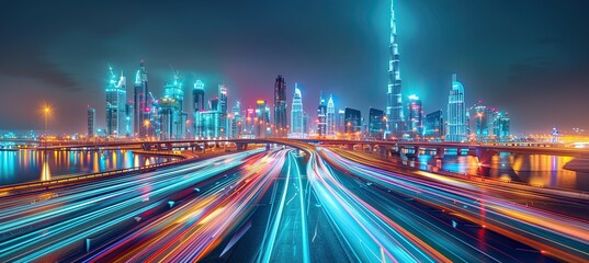 Urban highway with city lights at night, in the style of light teal and light red, photo-realistic landscapes, rollerwave, captivating cityscapes, photo-realistic hyperbole, blurred landscapes