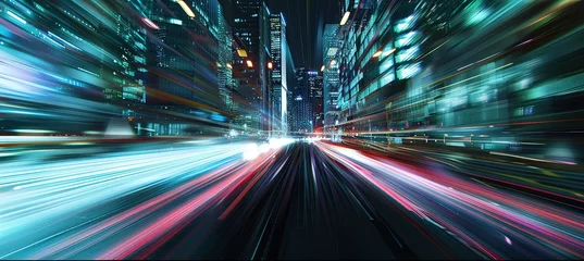 Gordijnen Urban highway with city lights at night, in the style of light teal and light red, photo-realistic landscapes, rollerwave, captivating cityscapes, photo-realistic hyperbole, blurred landscapes © DnQajik