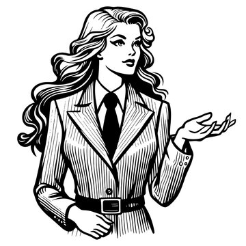 confident retro businesswoman with wavy hair, presenting in a professional suit sketch engraving generative ai fictional character PNG illustration. Scratch board imitation. Black and white image.