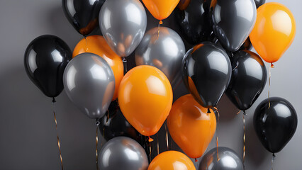orange black silver balloons. festive background for a birthday card