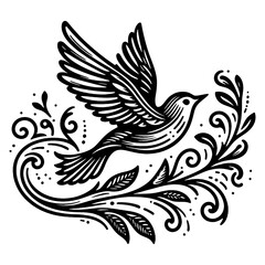 Fototapeta na wymiar bird in flight tattoo, surrounded by decorative elements, freedom and grace sketch engraving generative ai fictional character PNG illustration. Scratch board imitation. Black and white image.