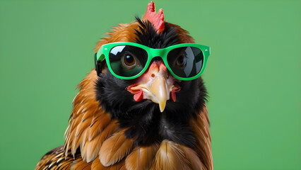 Fototapeta premium a rooster with glasses on a green background. background for postcards, banners, and advertisements