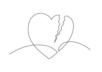 Broken heart. Continuous line drawing.