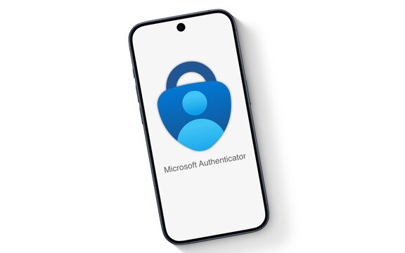 Microsoft Authenticator App logo is displayed on a modern smartphone, laying on a white underground, fingerprint, face recognition, PIN, safety, security, prove account
