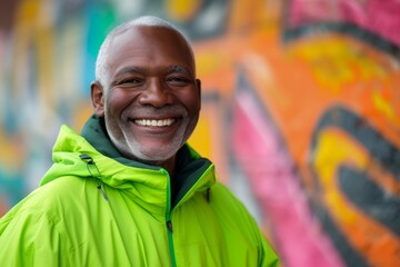Senior African American Man Smiling in Front of Colorful Graffiti Wall.