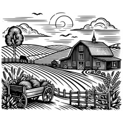 cozy rural farm house pastoral landscape, featuring farmhouses, cultivated fields, lush vegetation. Sketch engraving generative ai PNG illustration. Scratch board imitation. Black and white image.