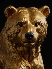 Naklejka premium gold bear statue on plain black background close-up portrait from Generative AI