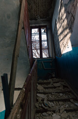 destroyed and burned houses in the city in Ukraine
