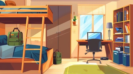 Fototapeta na wymiar Modern cartoon of empty dormitory bedroom or hostel apartment with wooden furniture and backpack. Modern cartoon interior of empty dorm bedroom or hostel apartment with bunk mattress, bed, computer