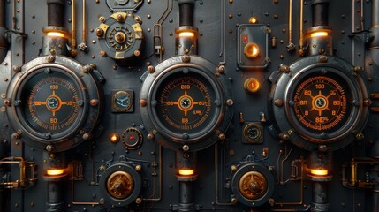 The steam gauges are mounted on a steampunk background - an illustration in 3D