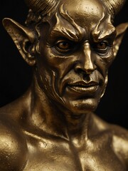 gold devil statue on plain black background close-up portrait from Generative AI