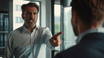 Senior businessman in a white shirt angrily pointing a finger, with an expression of authority, reprimand, or intense conversation. - obrazy, fototapety, plakaty