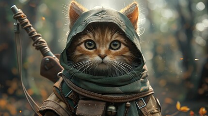 Digital illustration of a fantasy ranger kitten