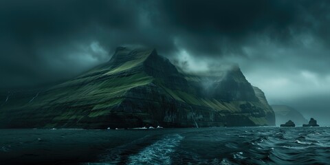 Dark Green Mountain in the Faroe Islands, Majestic Faroe Islands Landscape with Dark Green...