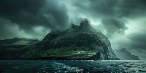 Dark Green Mountain in the Faroe Islands, Majestic Faroe Islands Landscape with Dark Green Mountains for Travel Photography, Mystical and Moody Atmosphere.
