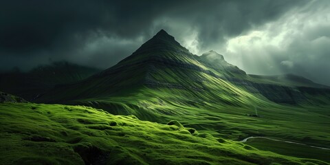 Photo of the Islands' Dark Green Grass, Mystical Islands Mountain with Lush Green Grass for Nature Photography.