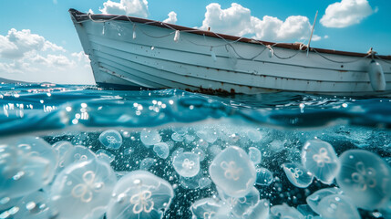 Jellyfish Ballet. A serene seascape featuring a white boat gliding above a mesmerizing swarm of jellyfish in crystal-clear blue waters under a bright sky.