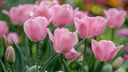 Fototapeta premium Morning Dew Pink Tulips Garden Awakening