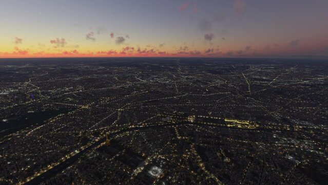 Aerial view at dusk of the city of Paris. France