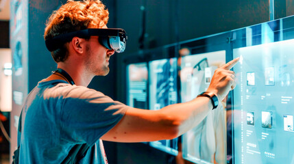 A person uses advanced AR interface for interaction, signifying innovation and futuristic technology. Artificial intelligence in scientific research and programming. Banner. Copy space