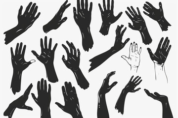 Set of various black silhouette woman hands.