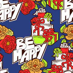 Gift box, ribbon and flowers seamless pattern for wrapping present with bow, party celebration, sale promotion, Textile print, fabric design, banner background. Hand drawn illustration cartoon style.