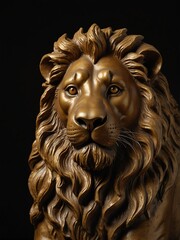 gold lion statue on plain black background close-up portrait from Generative AI