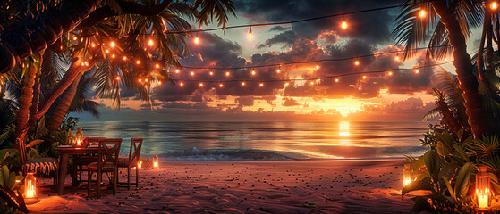 Twilight by the Sea, Where Soft Lighting and Elegant Settings Promise an Evening of Tranquility and Romance on the Beach - obrazy, fototapety, plakaty