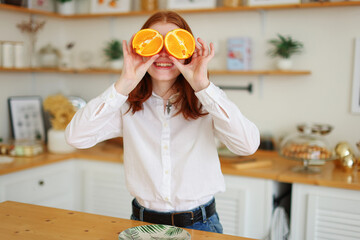 Happy model with fruits for vitamin c on skin care, dermatology and facial