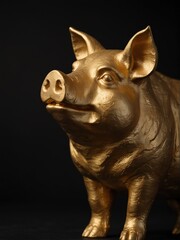 gold pig statue on plain black background close-up portrait from Generative AI