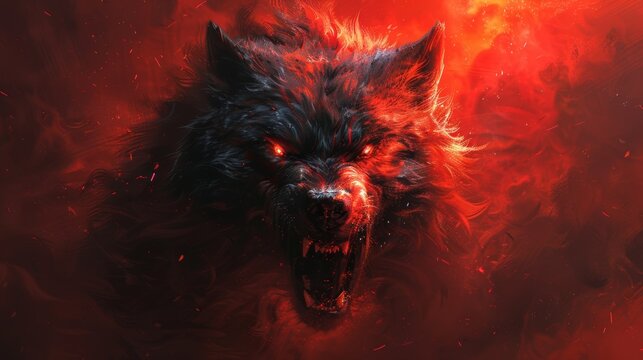 A fantasy emblem showing an evil hellhound head - an illustration in digital format