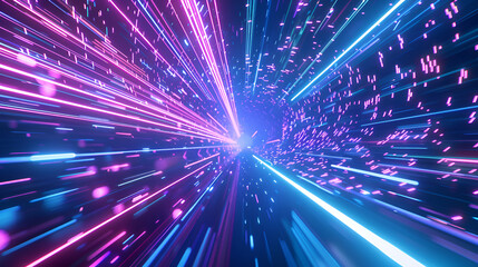 Naklejka premium 3d render. Abstract neon wallpaper. Chaotic vortex of glowing lines and particles isolated on black background. Digital data transfer