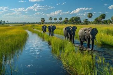 A group of elephants, large mammals with tusks and trunks, walking in unison across a vibrant green...