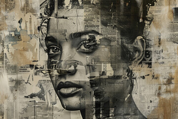 A painting depicting a womans face obscured by various newspaper pages