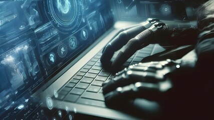 person typing on a keyboard wearing sci fi gloves.  - obrazy, fototapety, plakaty