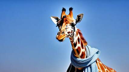 Giraffe Wearing Scarf on Solid-Colored Background