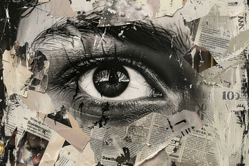 A collage featuring various newspapers overlaid with a striking eye, creating a thought-provoking and visually compelling composition