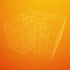 Architecture building. Modern house plan. Wireframe low poly mesh vector illustration.
