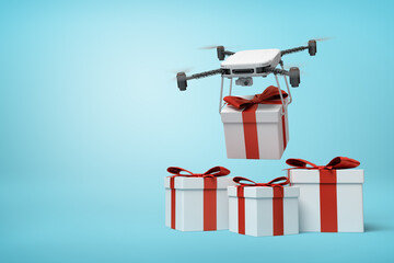 3d rendering of drone with camera delivering white present box