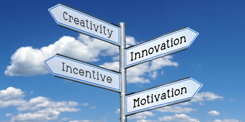 Creativity, innovation, incentive, motivation - metal signpost with four arrows