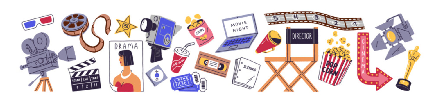 Cinematography items set. Movie accessories: cinema tickets, tape reel, filmstrip, retro video cameras, clapperboard, popcorn. Film industry elements. Flat isolated vector illustrations on white