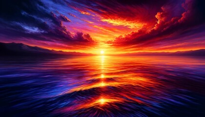 Dramatic sunset, red and purple sky, with fiery reflection on water. - obrazy, fototapety, plakaty