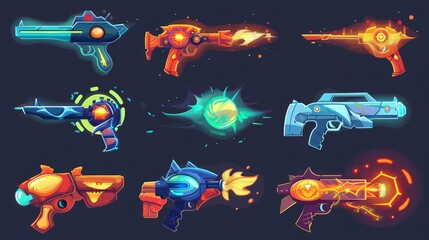 Vfx effect of space guns and explosions, laser blasters firing plasmic beams and rays. Raygun pistols, futuristic alien weapons. Game comic energy phasers with colorful lightnings, fireballs. Cartoon - obrazy, fototapety, plakaty