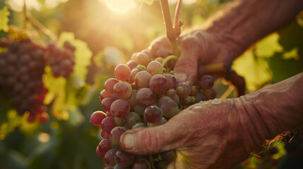 Hands harvesting grapes in vineyard, winery and agriculture concept