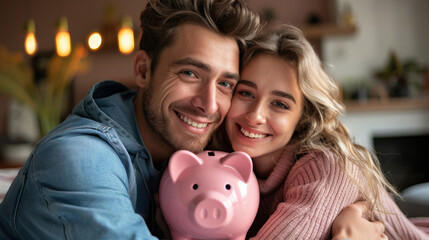 Close up of joyful couple, savings in piggy bank for a simple house.