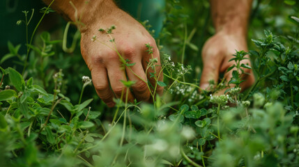 Hands delicately snipping fresh herb from wild plant, harvesting herb.