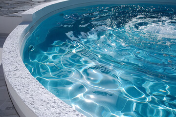 A swimming pool filled with crystal clear blue water, reflecting the sky above on a sunny day
