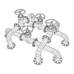 Oil pipeline with valve. Petrol production. Petroleum fuel industry transportation line. Wireframe low poly mesh vector illustration