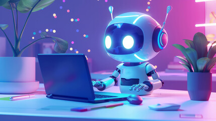 A cute robot working with a laptop computer, chatbot and AI assistant technology concept.